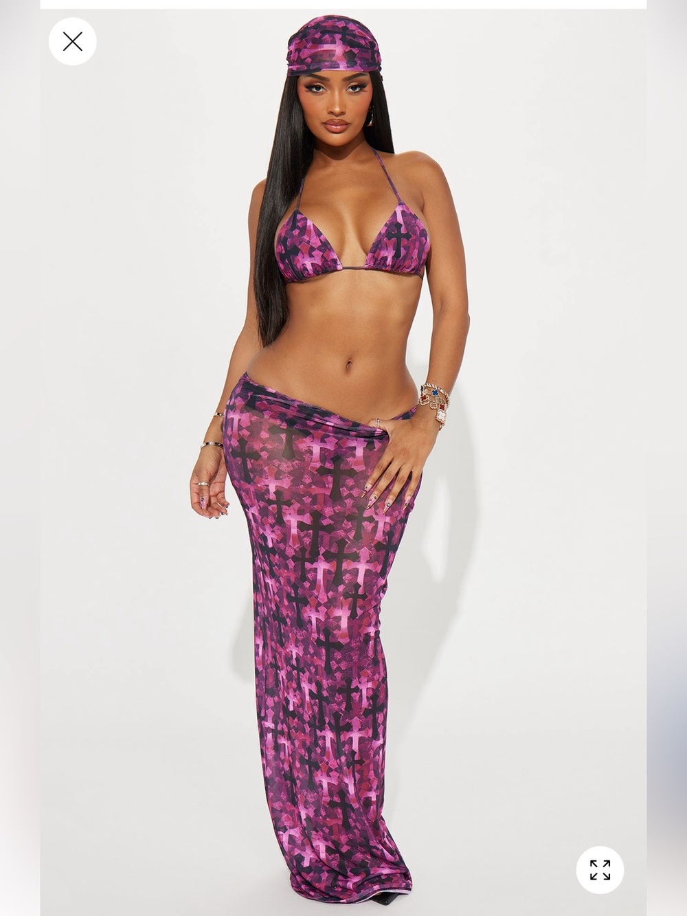 Fashion Nova Pink & Black Camo Triangle Bikini Set with Sheer Maxi Skirt